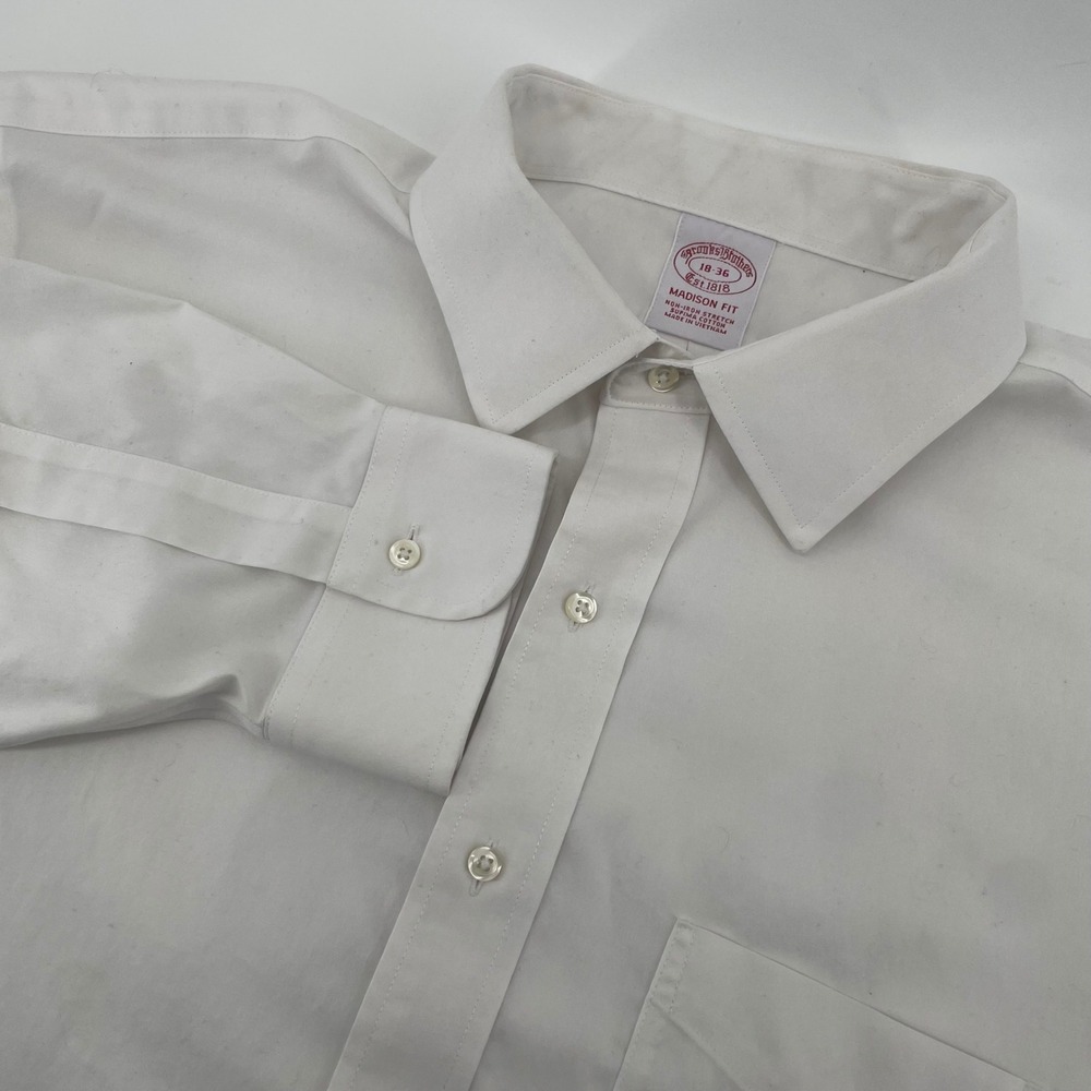Brooks Brothers Dress Shirt Mens 18 36 White Madison Fit Non-Iron Supima Cotton
